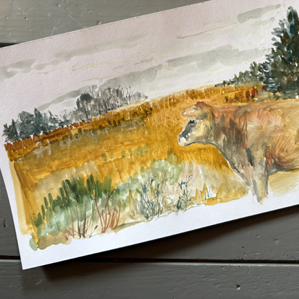 Painting of cow in pasture